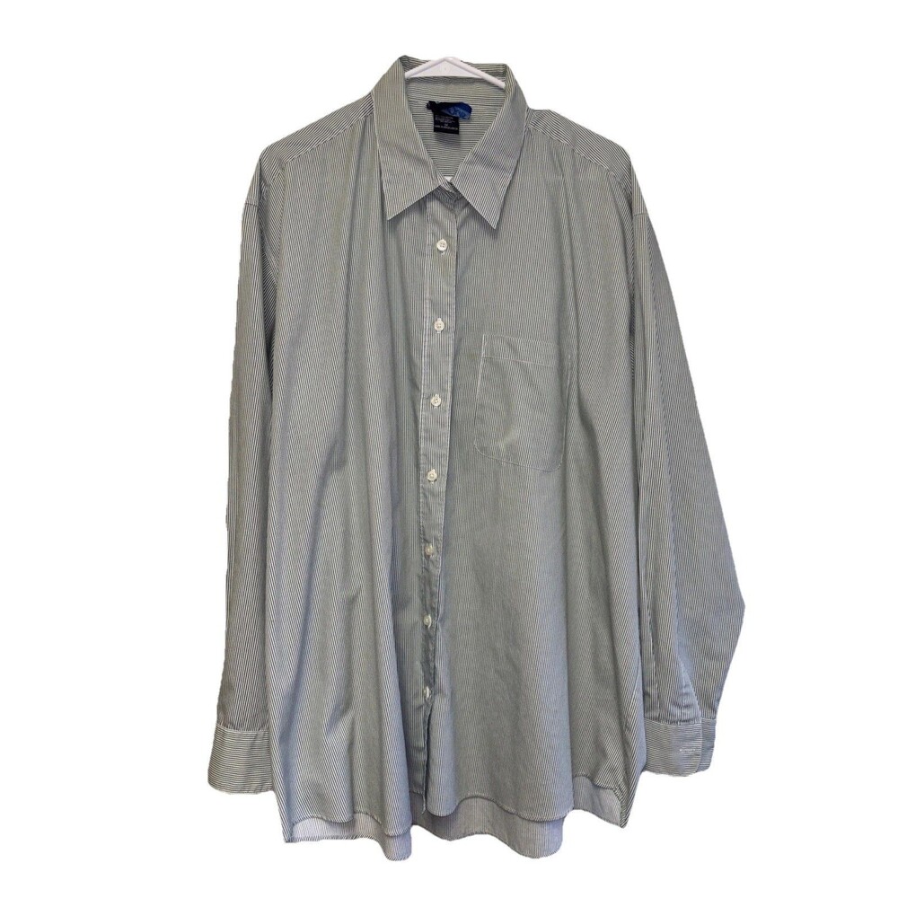 Las Olas Blouse Green White Stripe Button Up Long Sleeve 1X Pocket Cotton Blend